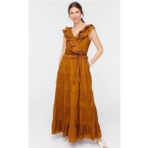 J. Crew Nina Boho Ruffled Romantic Prairie Maxi Dress Gold Bronze V Neck Sz 2